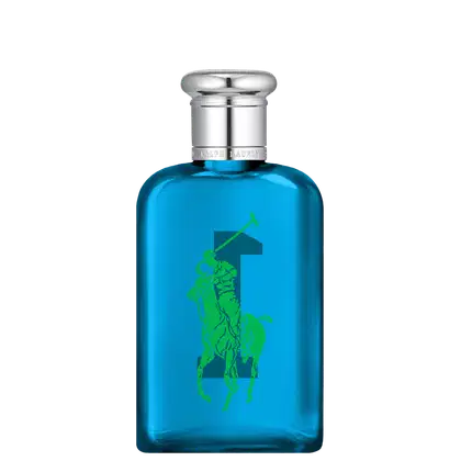 Frasco de perfume Big Pony 1 azul com logotipo verde da marca Ralph Lauren em destaque. Embalagem de vidro com tampa prateada, apresentando design elegante e minimalista.