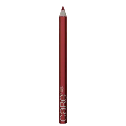 Lápis de maquiagem vermelho da marca Care Natural Beauty, com corpo cilíndrico e ponta afilada, em fundo preto.