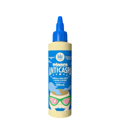 Frasco de 100 ml de tônico anticaspa da marca Lola From Rio, com tampa azul e rótulo em tons de azul e amarelo. O produto promete eliminar a caspa visível e aliviar a coceira.