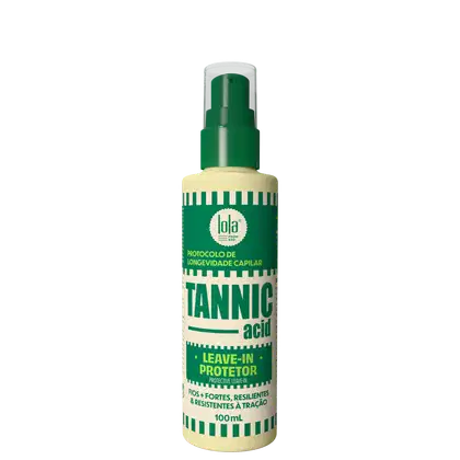 Frasco de 100ml de Tannic Acid, um leave-in protetor da marca Lola From Rio, com design em verde e branco, destacando o protocolo de longevidade capilar.