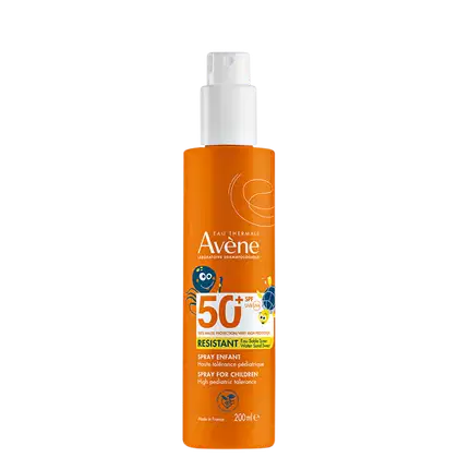 Frasco de spray solar infantil da marca Avène, com proteção solar FPS 50+. Embalagem de plástico laranja com rótulo branco e detalhes gráficos. Produto destinado a crianças, com alta tolerância pediátrica.