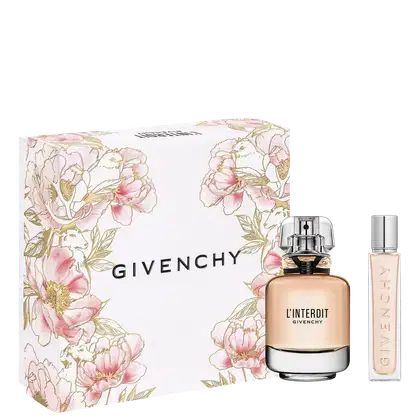 Caixa branca com flores rosa e douradas, contendo um frasco de perfume Givenchy L'Interdit e um frasco menor de amostra do mesmo perfume. O design da embalagem é elegante e floral.