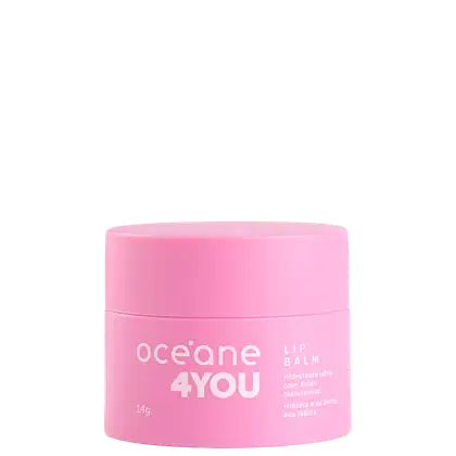 Embalagem rosa em formato cilíndrico, com rótulo branco contendo o nome "Oceane 4you" e a descrição "Lip Balm - Hidratante labial com ácido hialurônico". Produto de beleza para os lábios, com 14g de conteúdo.