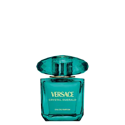 Frasco de item de perfumaria de cor verde esmeralda brilhante com tampa em formato oval. Rótulo em letras douradas exibe a marca "VERSACE CRYSTAL EMERALD" e a descrição "EAU DE PARFUM".