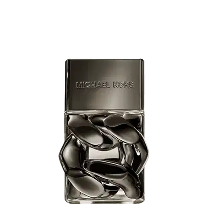 Frasco de perfume da marca Michael Kors, com design moderno e elegante em tons de cinza escuro. O rótulo exibe o nome da marca em letras destacadas.