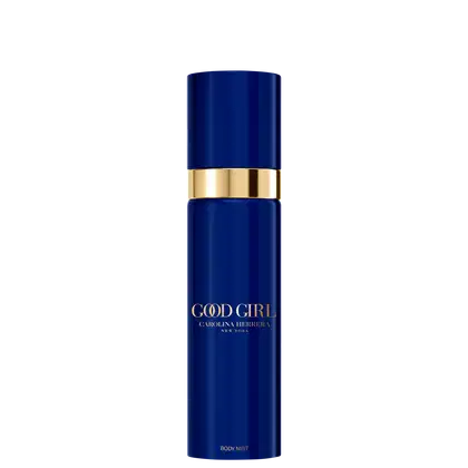 Body Mist Carolina Herrera Good Girl. Rótulo com o texto "GOOD GIRL CAROLINA HERRERA NEW YORK" em letras douradas. Formato cilíndrico com tampa.