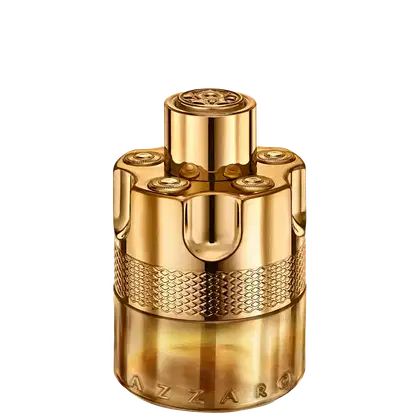 Frasco dourado de item de perfumaria com formato cilíndrico e detalhes texturizados, exibindo o nome da marca Azzaro em destaque.