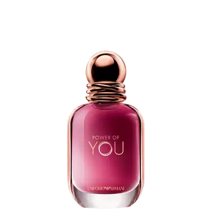 Perfume Power of You Armani Eau de Parfum exibe o texto "POWER OF YOU" em letras douradas sobre conteúdo rosa vibrante. O design é elegante e minimalista, com uma aparência sofisticada.