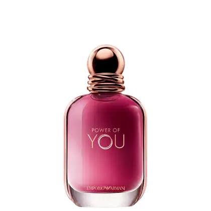 Perfume Power of You Armani Eau de Parfum exibe o texto "POWER OF YOU" em letras douradas sobre conteúdo rosa vibrante. O design é elegante e minimalista, com uma aparência sofisticada.