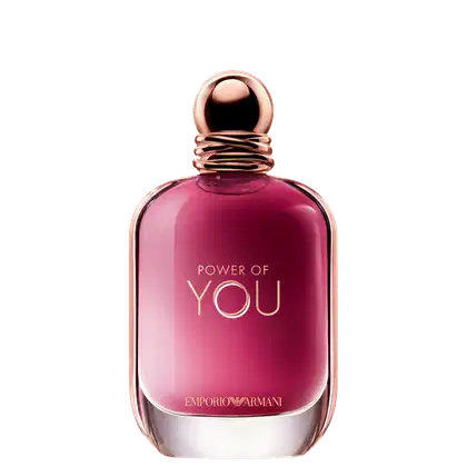 Perfume Power of You Armani Eau de Parfum exibe o texto "POWER OF YOU" em letras douradas sobre conteúdo rosa vibrante. O design é elegante e minimalista, com uma aparência sofisticada.