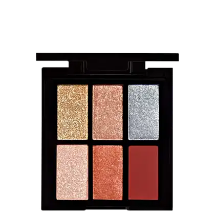 Paleta de sombras de olhos com 6 tons em tons dourados, rosados e prateados, em embalagem preta retangular com design minimalista.