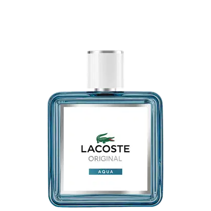 Perfume Lacoste Original Aqua com design moderno e elegante. Embalagem de vidro azul transparente com tampa branca e logotipo da marca. Rótulo branco com o nome do produto e indicação da fragrância "Aqua".
