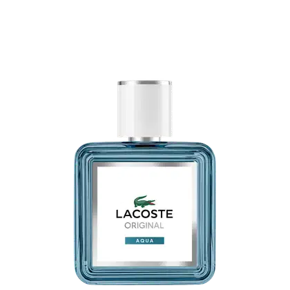 Perfume Lacoste Original Aqua com design moderno e elegante. Embalagem de vidro azul transparente com tampa branca e logotipo da marca. Rótulo branco com o nome do produto e indicação da fragrância "Aqua".