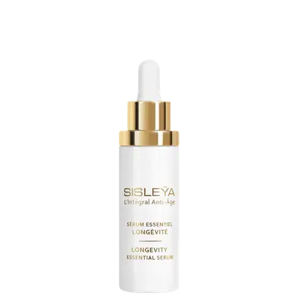 Frasco de vidro branco com conta-gotas dourado, rótulo com nome da marca "Sisley" e texto "L'Integral Anti-Age Sérum Essentiel Longévité" em dourado, produto de cuidados para a pele.