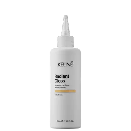 Frasco branco de 200 ml da linha Radiant Gloss da Keune, um produto de brilho iluminador para os cabelos, com extrato de orquídea em sua fórmula.
