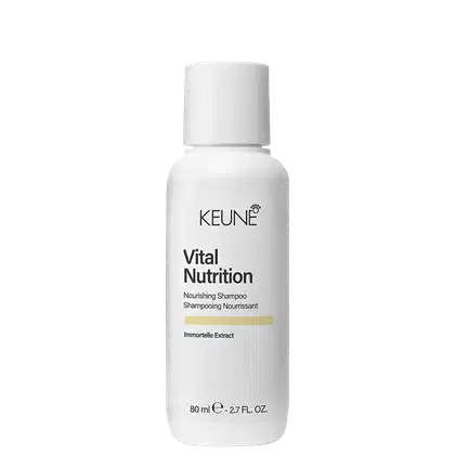 Frasco branco de 80 ml da linha Vital Nutrition da Keune, com rótulo preto destacando o nome do produto.