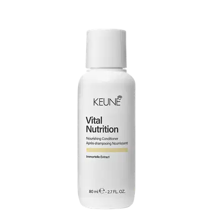 Frasco branco de 80 ml da linha Vital Nutrition da Keune, contendo um condicionador nutritivo com extrato de Immortelle, indicado para cuidados com os cabelos.
