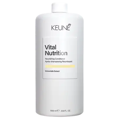 Frasco branco da linha Vital Nutrition da Keune, contendo 1000 ml de condicionador nutritivo. O rótulo destaca o extrato de Immortelle e indica que o produto é um condicionador pós-shampoo.