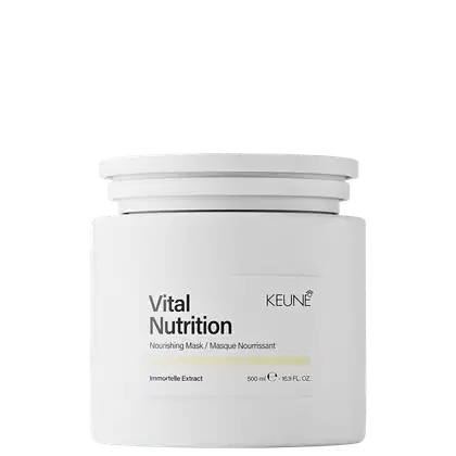 Frasco branco com rótulo da linha Vital Nutrition da Keune, contendo 500 ml de máscara nutritiva com extrato de Immortelle.