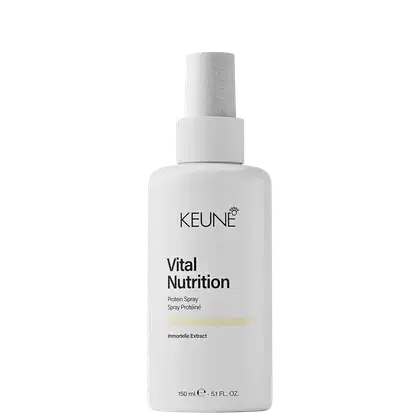 Frasco branco de spray da linha Vital Nutrition da Keune, contendo 150 ml de produto. O rótulo apresenta o nome da marca Keune e o nome do produto "Vital Nutrition Protein Spray" em destaque.