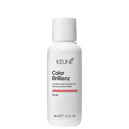 Frasco branco de 80 ml da linha Color Brillianz da Keune, um shampoo sem sulfato para cabelos coloridos, com rótulo destacando a tecnologia Sea Silk.