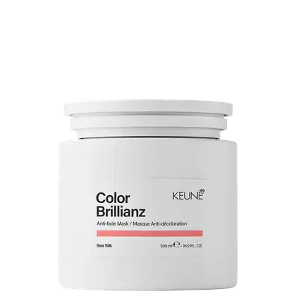Frasco branco de 500 ml da máscara Keune Color Brillianz, com rótulo preto e texto em inglês descrevendo o produto.