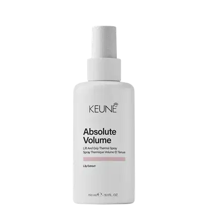 Frasco branco de spray térmico Keune Absolute Volume, com rótulo preto destacando o nome do produto e ingrediente principal, extrato de lírio. Embalagem cilíndrica com tampa, apresentando 150 ml.