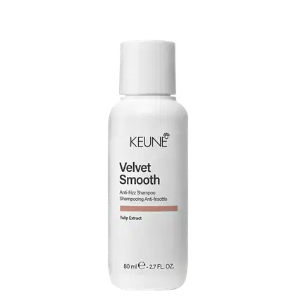 Frasco branco de 80 ml do shampoo anti-frizz Velvet Smooth da Keune, com rótulo preto destacando o nome do produto e o extrato de tulipa como ingrediente.
