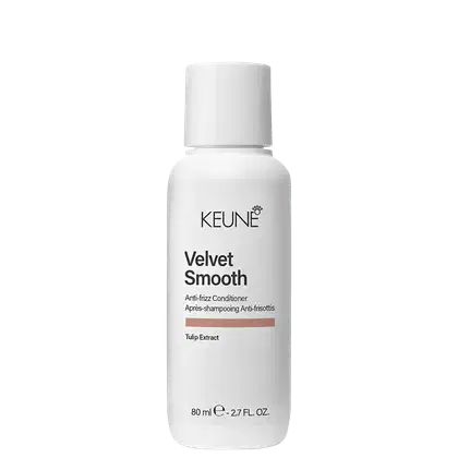 Frasco branco de 80 ml do condicionador anti-frizz Velvet Smooth da Keune, com rótulo preto destacando o nome do produto e o extrato de tulipa como ingrediente.