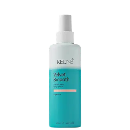 Frasco de spray Keune Velvet Smooth, com 200 ml, em embalagem branca e azul-turquesa, com rótulo destacando o nome do produto e o extrato de tulipa como ingrediente.