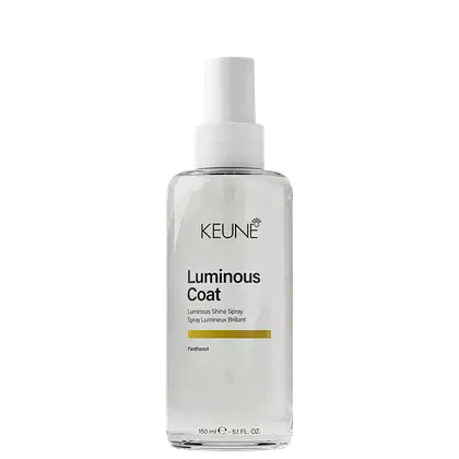 Frasco de spray Keune Luminous Coat, com 150 ml, contendo um produto para brilho e luminosidade dos cabelos. O rótulo apresenta o nome do produto em destaque e a indicação de que se trata de um spray para brilho luminoso.