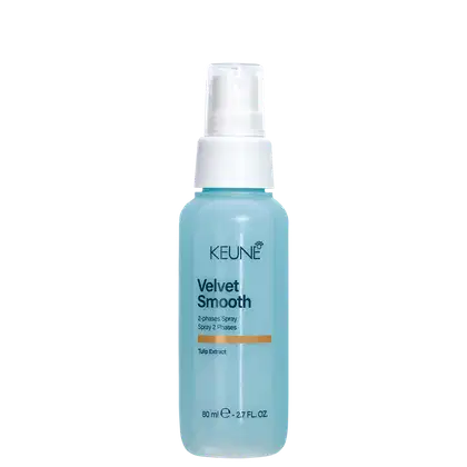 Frasco de spray Keune Velvet Smooth de 80 ml, com embalagem branca e azul clara, contendo extrato de tulipa, para aplicação em 2 fases.