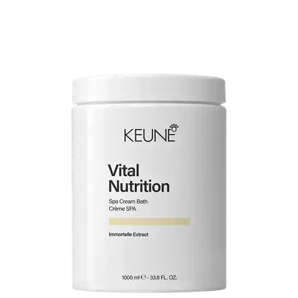 Embalagem branca cilíndrica da linha Vital Nutrition da Keune, contendo 1000 ml de Spa Cream Bath, com rótulo preto destacando o nome da marca e do produto.