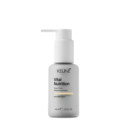 Frasco branco com bomba doseadora da linha Vital Nutrition da Keune, contendo 45 ml de um produto de tratamento capilar. O rótulo destaca o nome "Power Plump Masque Nourrissant" e a presença de extrato de Immortelle.