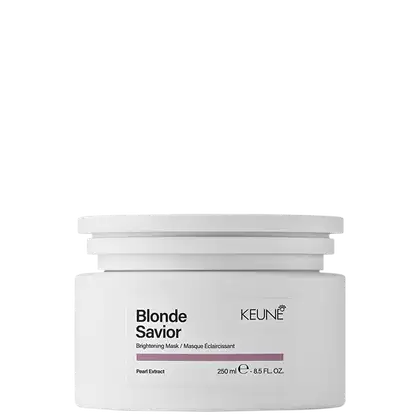 Embalagem branca cilíndrica com rótulo preto e roxo da linha Blonde Savior da Keune, contendo 250 ml de máscara clareadora com extrato de pérola.