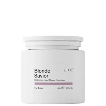 Frasco branco de máscara capilar Blonde Savior da marca Keune, com rótulo preto e cinza, contendo 500 ml do produto. Destaca-se o extrato de pérola como ingrediente.
