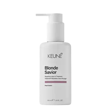 Frasco branco com bomba doseadora da linha Blonde Savior da Keune, tratamento reparador sem enxágue para cabelos loiros, com extrato de pérola, 150 ml.