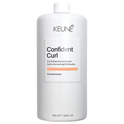 Frasco branco da linha Confident Curl da Keune, um condicionador para realçar cachos, com rótulo destacando o nome do produto e ingrediente principal, o extrato de amaranto.