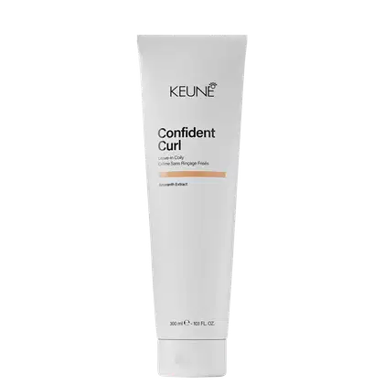 Tubo branco com rótulo preto da linha Confident Curl da Keune, um creme sem enxágue para cachos. O produto contém extrato de amaranto e é apresentado em embalagem de 300 ml.