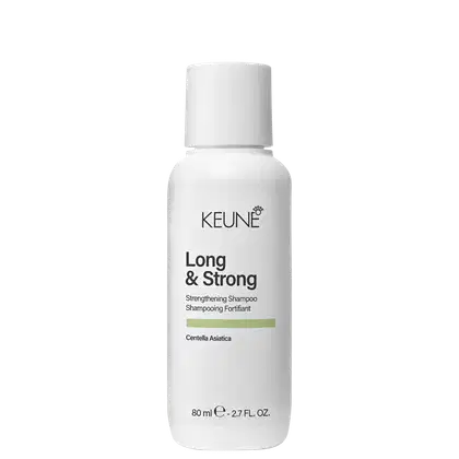 Frasco branco de 80 ml do shampoo fortalecedor Long & Strong da marca Keune, com rótulo destacando o ingrediente Centella Asiática.