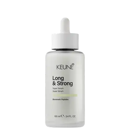 Frasco de soro capilar Keune Long & Strong, com 100 ml, embalagem branca com rótulo preto e branco, contendo biomimetic peptides para fortalecimento dos fios.