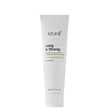 Tubo branco com rótulo preto da linha Long & Strong da Keune, contendo tratamento densificante leave-in de 100 ml. O produto é indicado para fortalecer e densificar os fios, com destaque para o ingrediente Centella Asiatica.