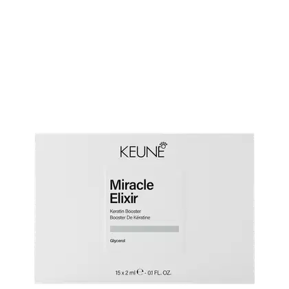 Caixa branca contendo 15 ampolas de 2 ml do produto Miracle Elixir, um booster de queratina da marca Keune, com rótulo preto e cinza destacando o nome do produto.