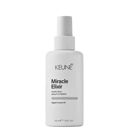 Frasco branco de 150 ml do spray de queratina Miracle Elixir da marca Keune, com rótulo em preto e cinza destacando o nome do produto e a presença de óleo de coco orgânico em sua composição.