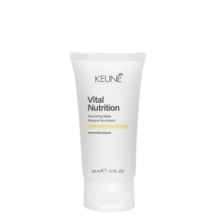 Frasco branco de 50 ml da linha Vital Nutrition da Keune, contendo máscara nutritiva com extrato de Immortelle. Rótulo com nome da marca e produto em destaque.