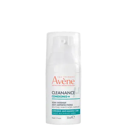 Frasco branco da linha Cleanance Comedomed+ da Avène, um produto de cuidado intensivo anti-imperfeições para pele com acne