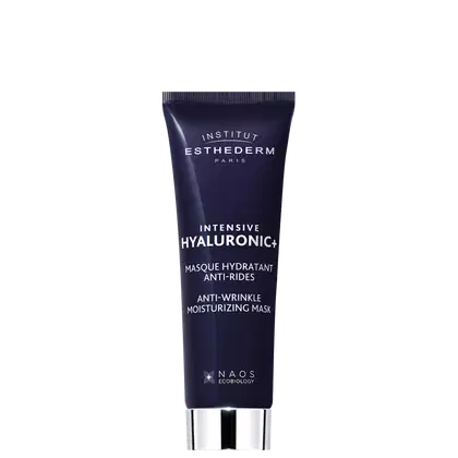 Tubo da marca Institut Esthederm Paris, com rótulo em fundo escuro e texto em branco. O produto é descrito como "Intensive Hyaluronic+ Anti-Wrinkle Moisturizing Mask", um item de cuidados com a pele.