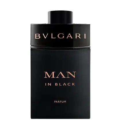 Frasco de perfume Bvlgari Man in Black, com embalagem preta e detalhes em rosa dourado. O rótulo exibe o nome da marca Bvlgari e a designação "Man in Black" em letras destacadas.