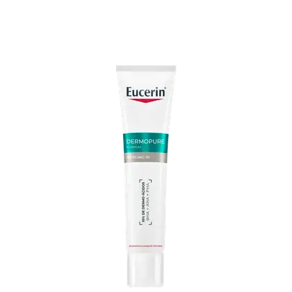 Tubo branco com rótulo vermelho e azul contendo o texto "Eucerin Dermopure Peeling 10". O produto é um item de perfumaria da marca Eucerin, com embalagem em formato de tubo.