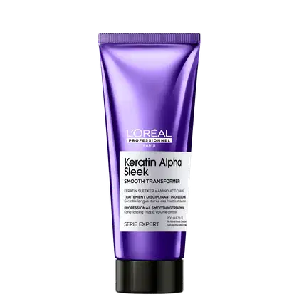 Tubo de tratamento alisador de cabelos da L'Oréal Professionnel, da linha Keratin Alpha Sleek, com embalagem roxa e branca, apresentando informações sobre o produto.